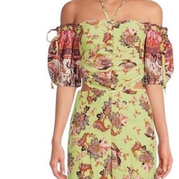NWT FREE PEOPLE bali citrus skies lime red Floral Yellow Jumpsuit size XS - Picture 4 of 13